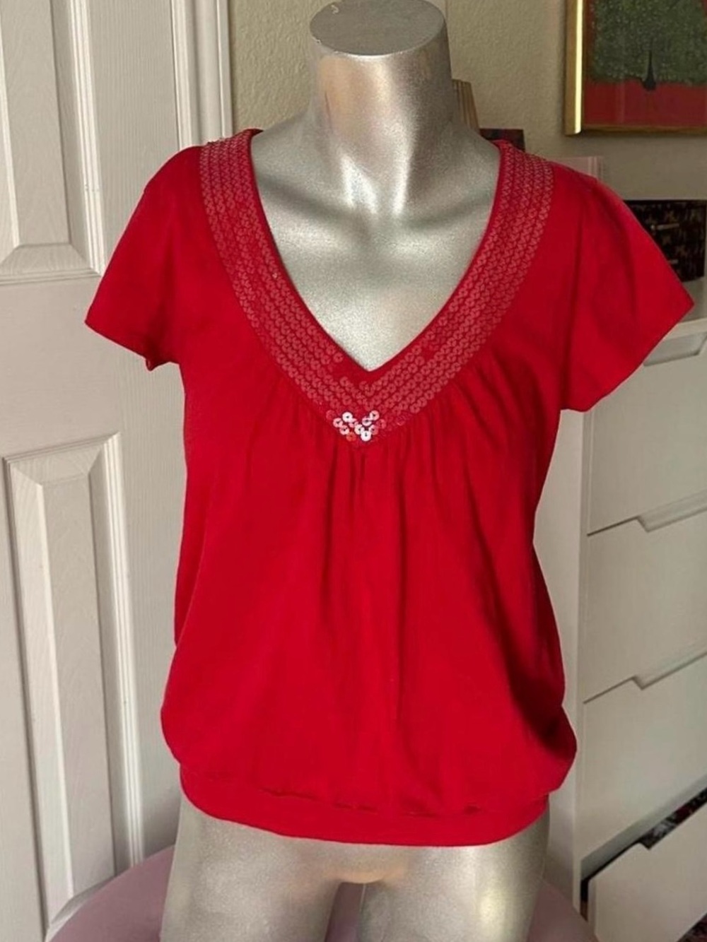 Y2K Weavers Red Sequin Neckline Top